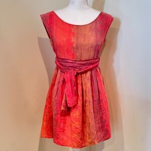 1990s Boho Chic Linen Tie Dyed Mini Dress with Sash Belt